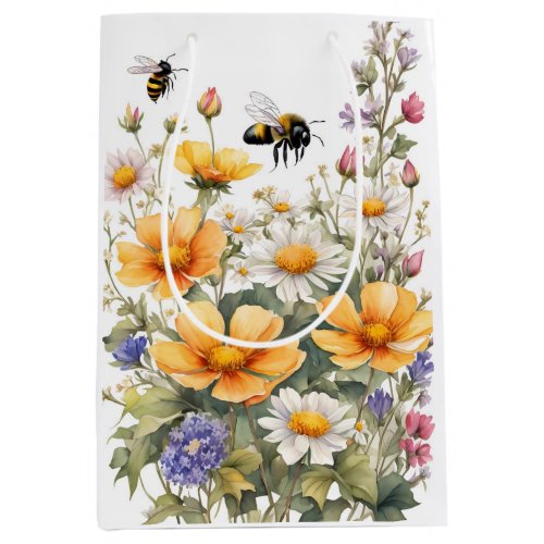 Wildflowers and Honey Bees Watercolor Medium Gift Bag