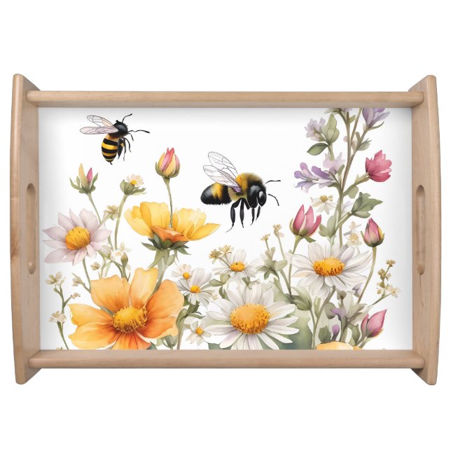 Wildflowers and Honey Bees Watercolor Serving Tray (Front)