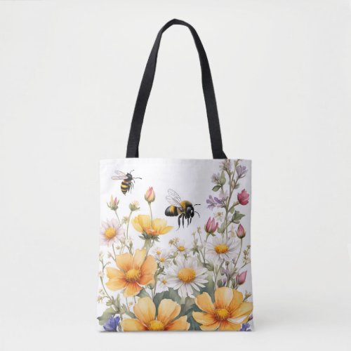 Wildflowers and Honey Bees Watercolor Tote Bag