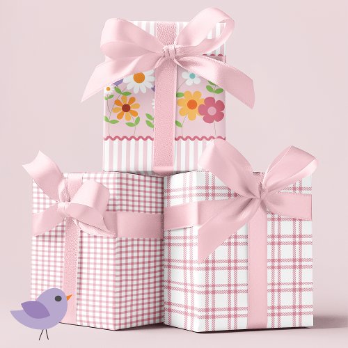 Wildflowers and Pink Stripes Birthday Wrapping Paper Sheets