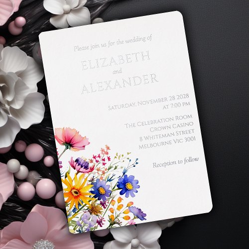 Wildflowers and Silver Foil Wedding Invitation  Foil Invitation