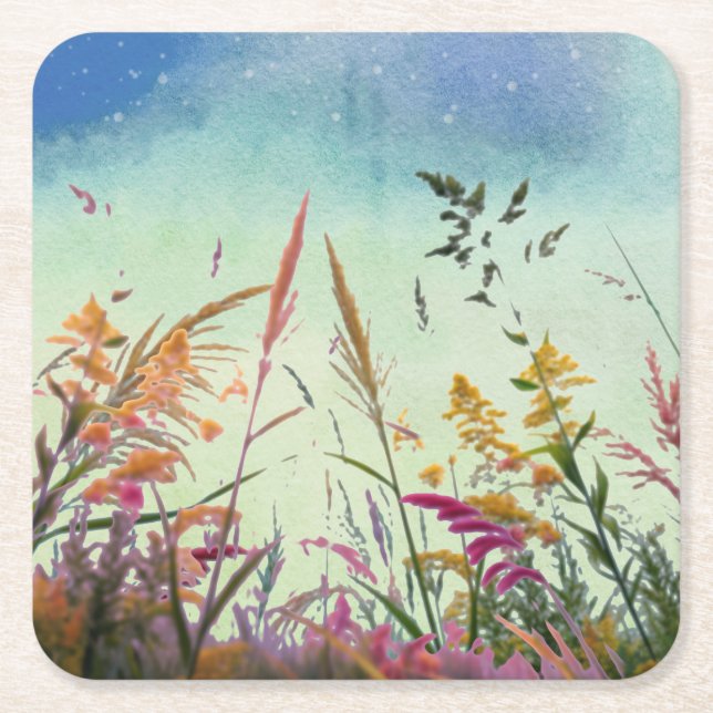 Wildflowers And Stars Square Paper Coaster (Front)