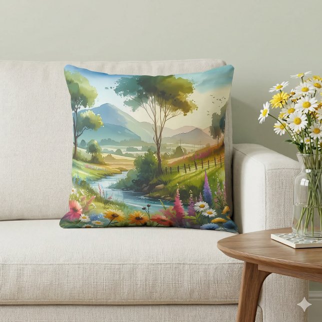Wildflowers and Stream in Spring Valley Throw Pillow (Wildflowers and Stream in Spring Valley Throw Pillow Mockup A)