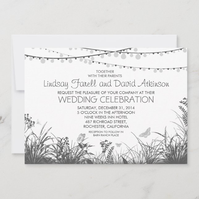 wildflowers and string lights wedding invitation (Front)