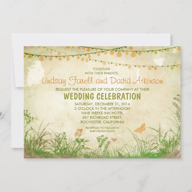 wildflowers and string lights wedding invitation (Front)