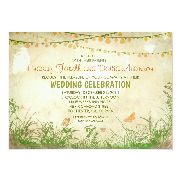 Wildflowers And String Lights Wedding Invitation