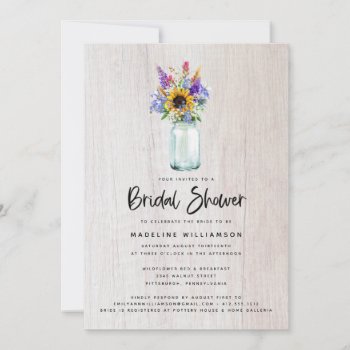 Wildflowers And Sunflowers Mason Jar Bridal Shower Invitation by shabbychicgraphics at Zazzle