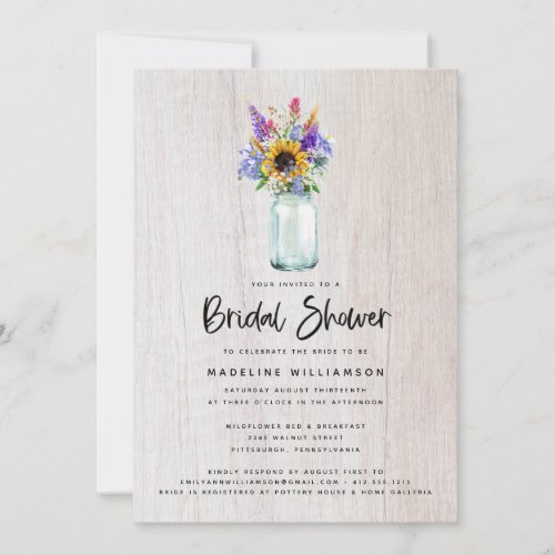 Wildflowers and Sunflowers Mason Jar Bridal Shower Invitation