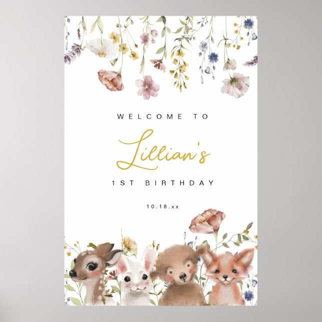 Wildflowers and Woodland Animals Birthday Welcome Poster (Front)