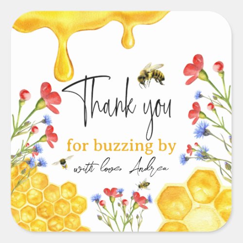 Wildflowers and Yellow Honey Bee Watercolor Floral Square Sticker