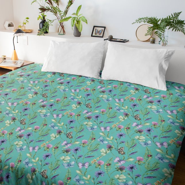 Wildflowers Aqua Green Floral Duvet Cover (Wildflowers Butterflies Aqua Green Floral Duvet Cover
)