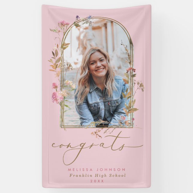 Wildflowers Arch Blush Photo Graduation Party Banner (Vertical)