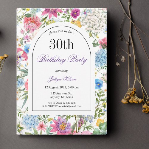  Wildflowers Arch Frame 30th Birthday Invitation