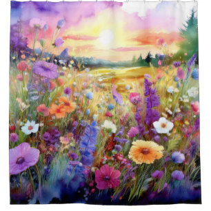 Wildflowers at Sunset in Watercolor Shower Curtain