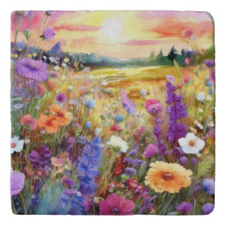 Wildflowers at Sunset in Watercolor Trivet