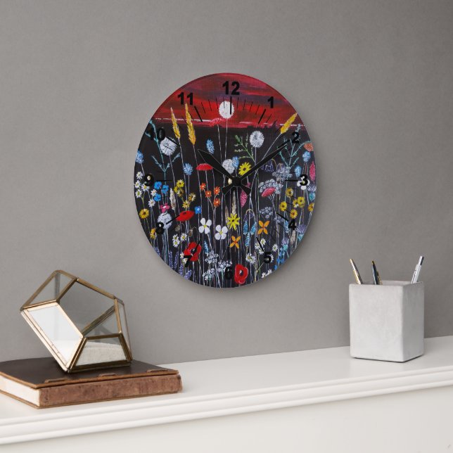 Wildflowers at Sunset Painting by Alfred Fox Large Clock (Office)