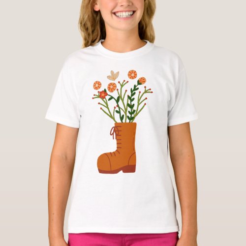 Wildflowers Autumn Orange Boots Forest Farm Girls T_Shirt