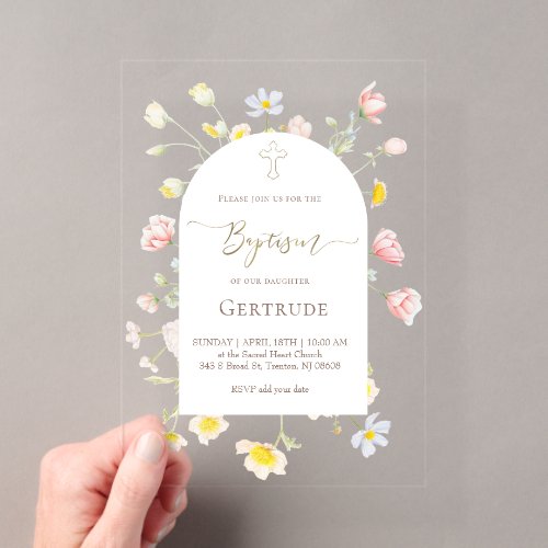 wildflowers baby girl Baptism Acrylic Invitations