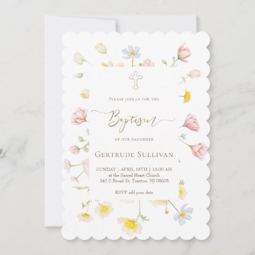 wildflowers baby girl Baptism Invitation