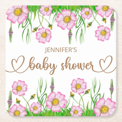 Wildflowers baby in bloom baby shower square paper coaster