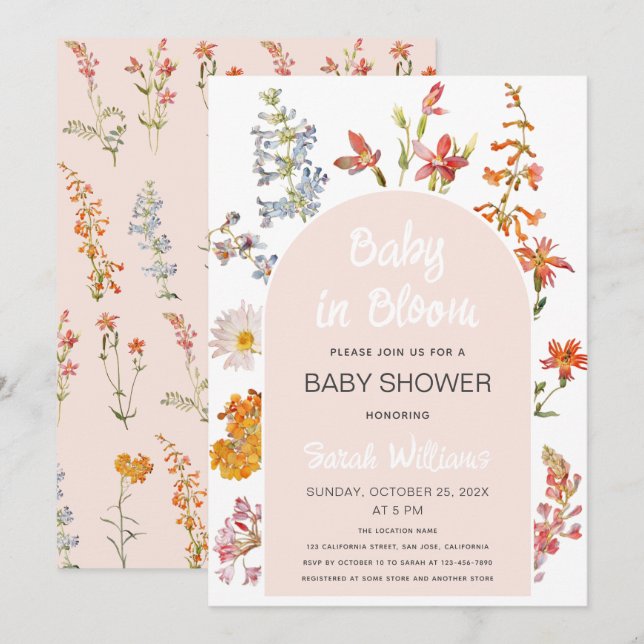 Wildflowers Baby in Bloom Pink Arch Girl Shower Invitation (Front/Back)