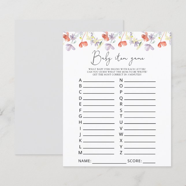 Wildflowers Baby Item Game. Baby Shower Game (Front/Back)