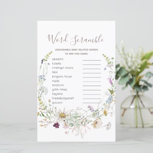 Wildflowers Baby shower Word Scramble Game (Standing Front)