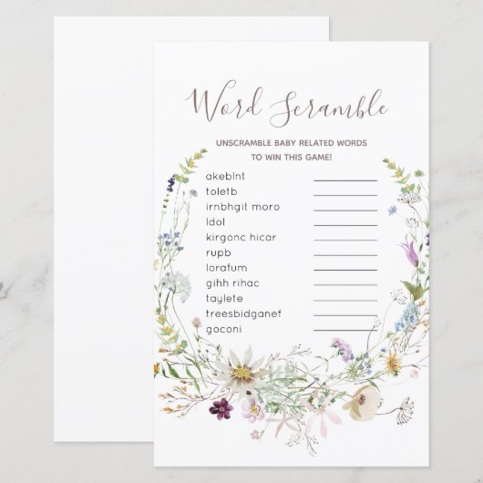Wildflowers Baby shower Word Scramble Game (Front/Back)