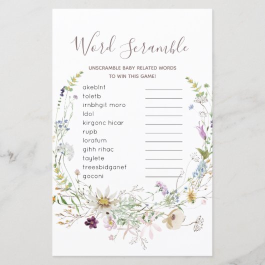 Wildflowers Baby shower Word Scramble Game (Front)