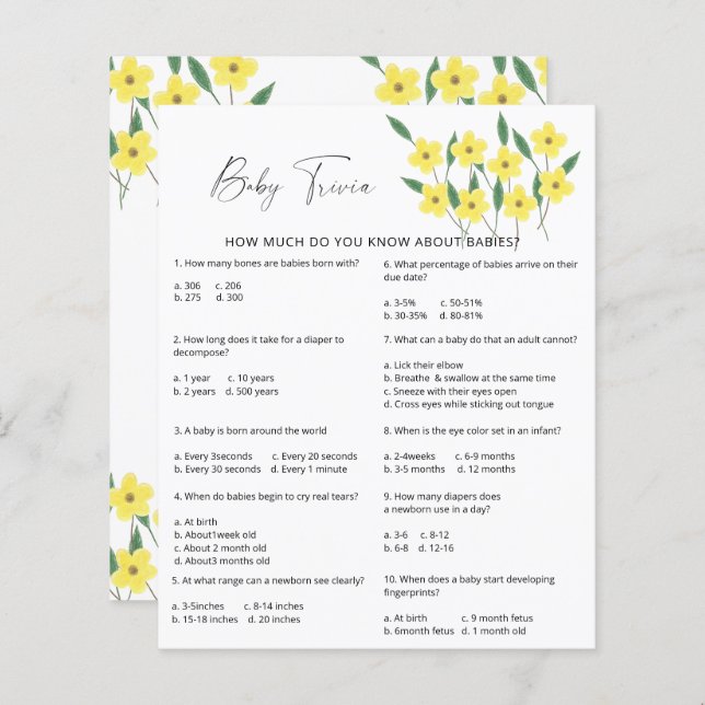 Wildflowers Baby Trivia | Baby Shower Game (Front/Back)