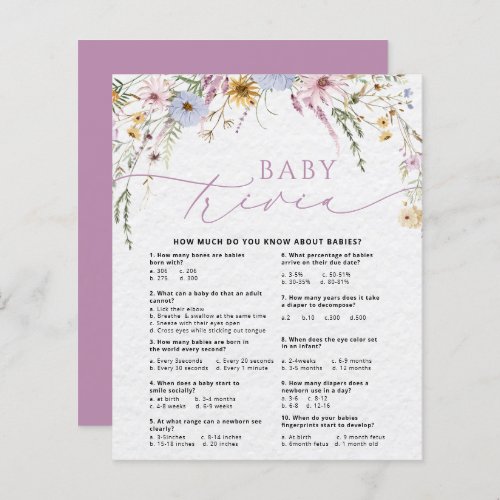 Wildflowers Baby Trivia Baby Shower Game Card