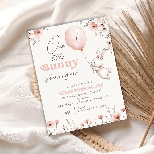 Wildflowers Balloon Little Bunny 1st Birthday Invitation