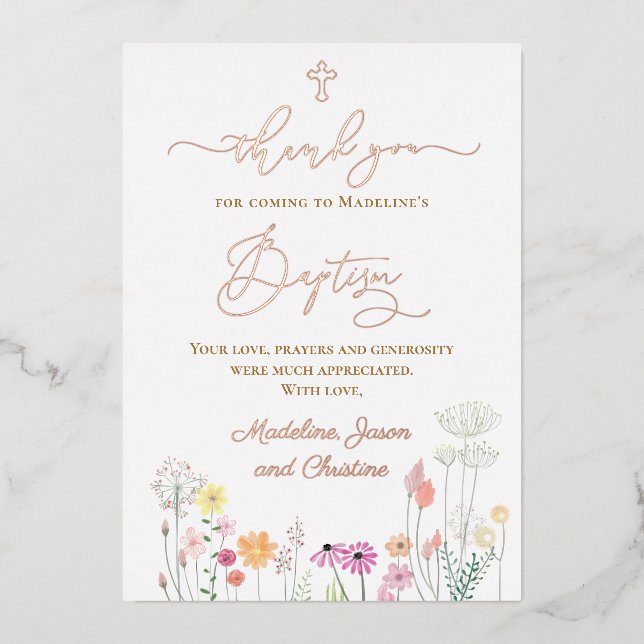 wildflowers Baptism thank you for coming Foil Invitation (Front)