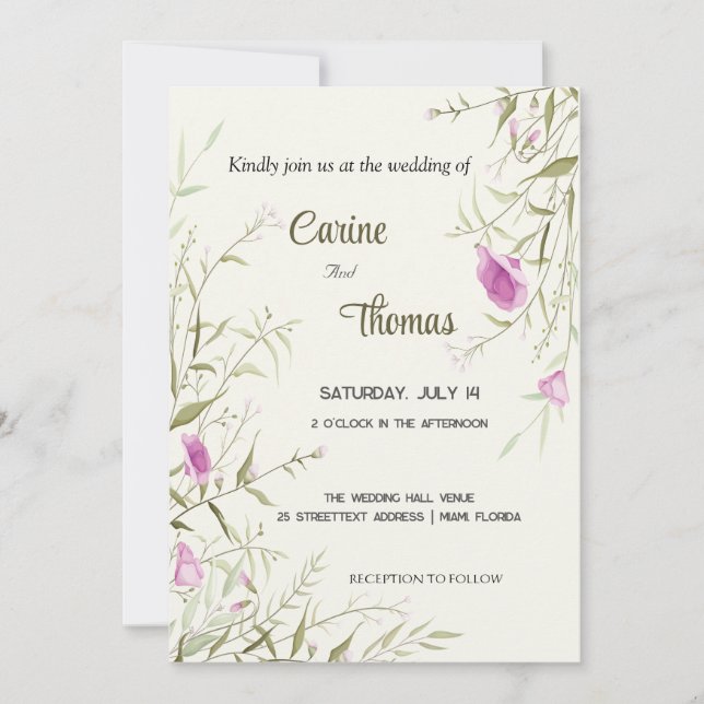 Wildflowers, beautiful flowers, hand-drawn wedding invitation (Front)