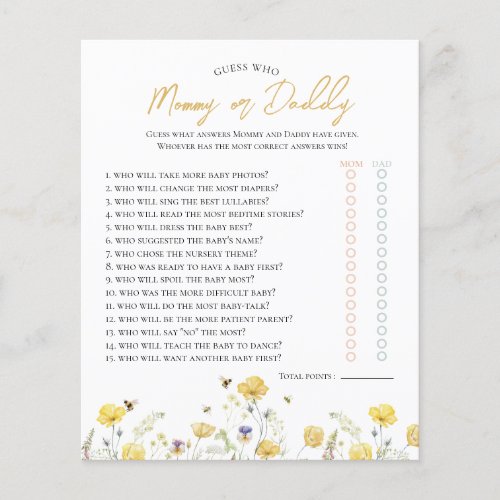 Wildflowers  Bee Guess Who Baby Shower Game