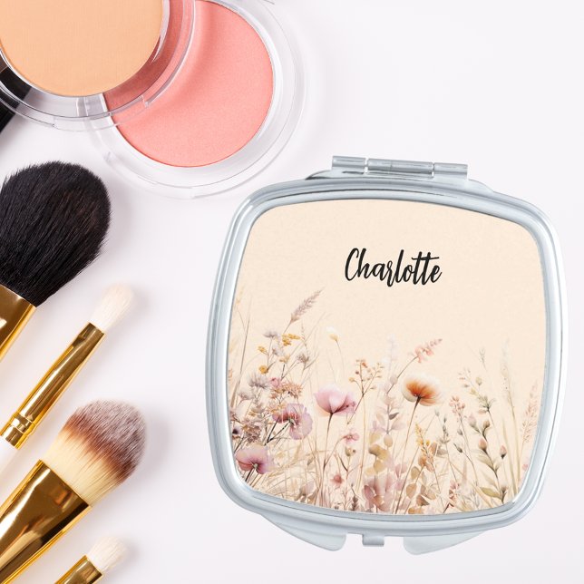 Wildflowers beige cream pink name script compact mirror (Creator Uploaded)