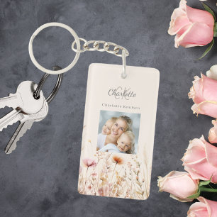 Wildflowers beige photo monogram keychain
