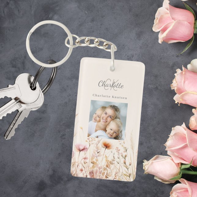 Wildflowers beige photo monogram keychain (Creator Uploaded)