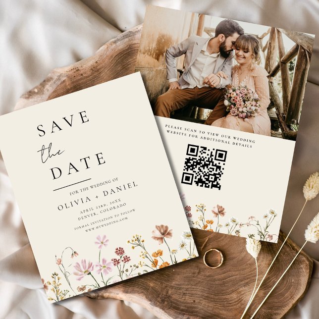 Wildflowers Beige Photo QR Code Save the Date (Creator Uploaded)