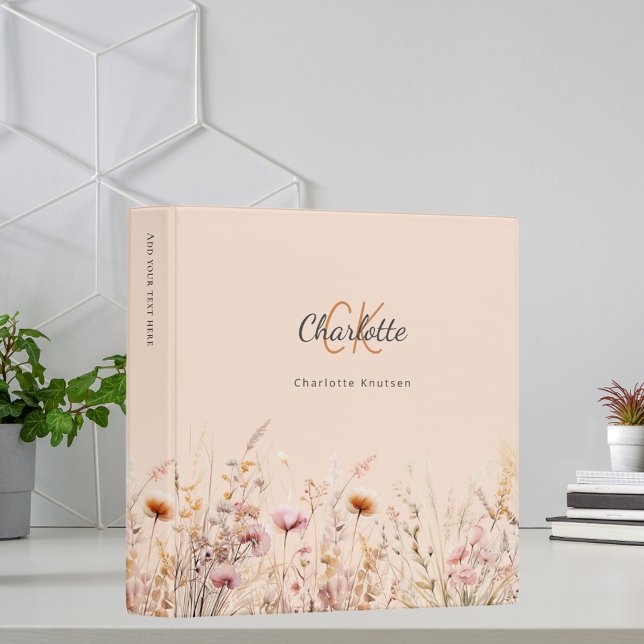 Wildflowers beige pink monogram 3 ring binder (Creator Uploaded)