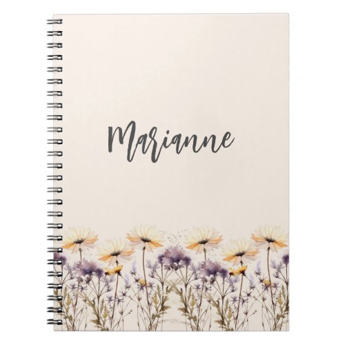 Wildflowers beige yellow custom name script notebook