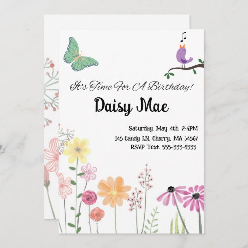 Wildflowers Bird Butterfly Girls Birthday Party  Holiday Card