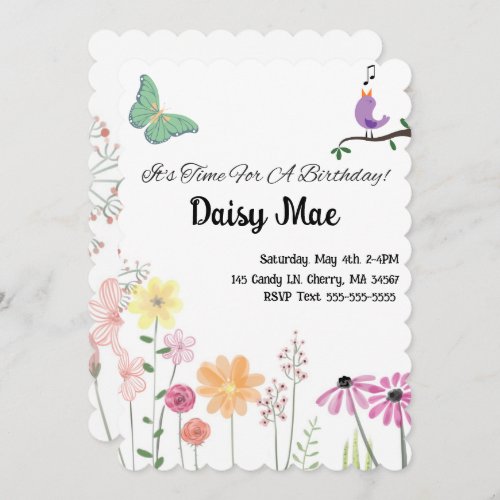 Wildflowers Bird Butterfly Girls Birthday Party  Invitation