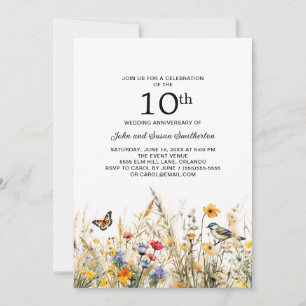 Wildflowers Birds Butterflies 10th Anniversary Invitation