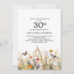 Wildflowers Birds Butterflies 30th Anniversary Invitation