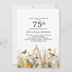 Wildflowers Birds Butterflies 75th Anniversary Invitation