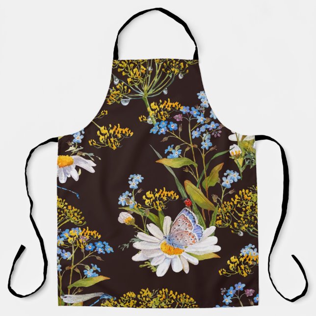 Wildflowers: black background watercolor apron (Front)