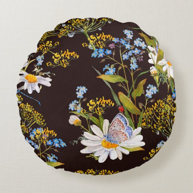 Wildflowers: black background watercolor round pillow (Front)