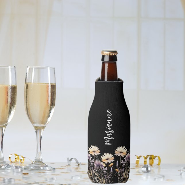 Wildflowers black custom name script bottle cooler (Creator Uploaded)