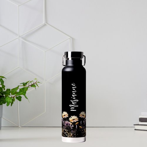 Wildflowers black custom name script water bottle